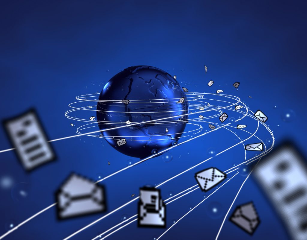 Blue globe with email icons circling