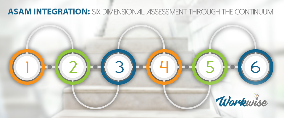 Six circles with an interconnecting pathway titled ASAM Integration: Six Dimensional Assessment through the Continuum.